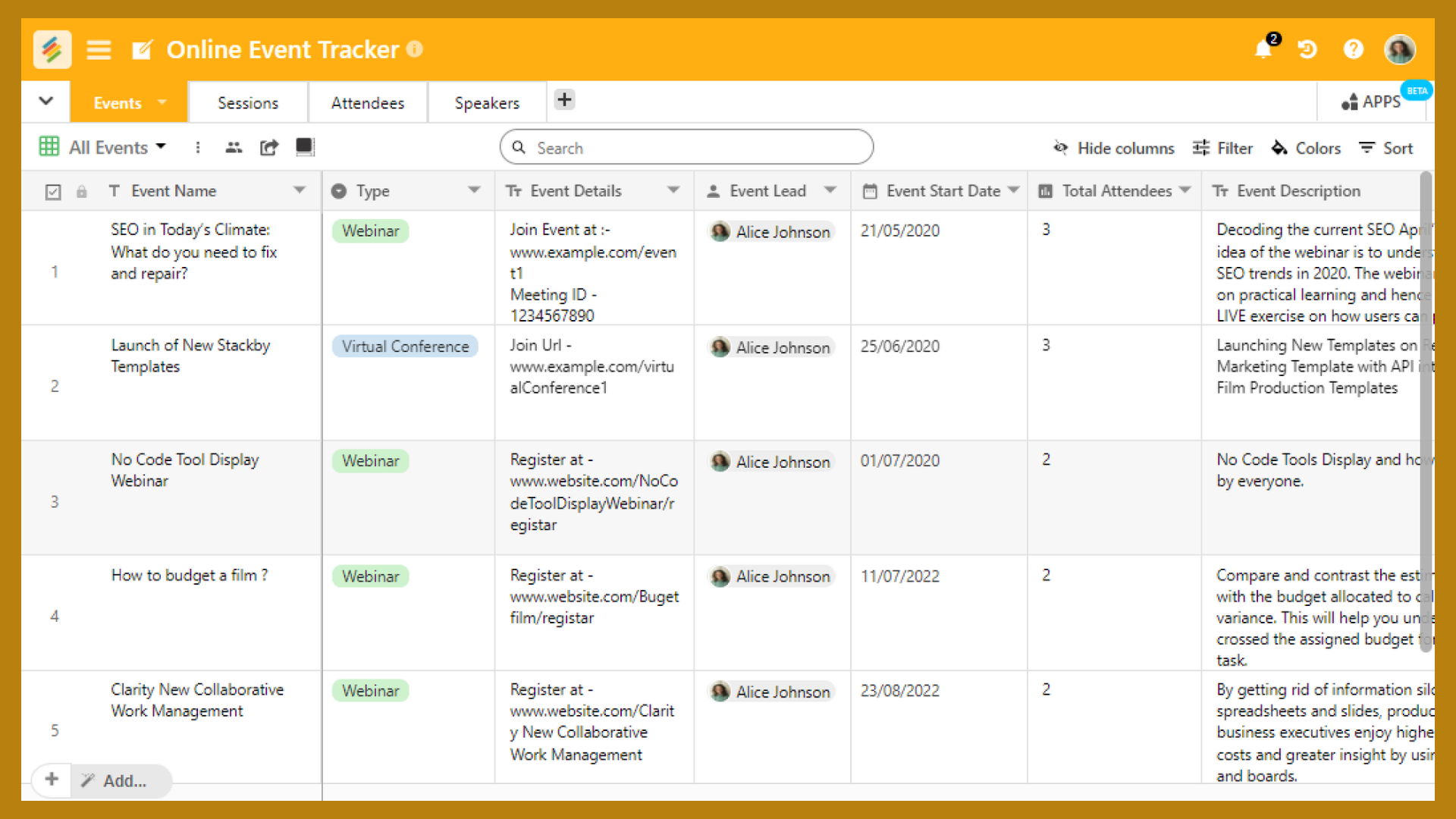 Online Event Tracker Template in Stackby