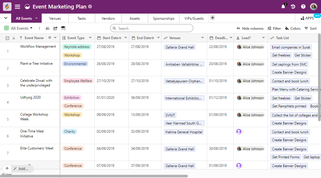 Manage all events, venues, team, Vendors in Stackby's event marketing template