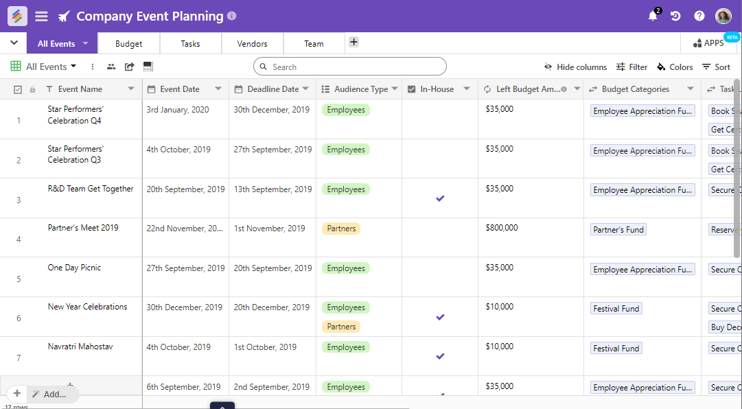 Stackby's Company Event Planning template for planning, managing, organizing and budgeting all Company's events