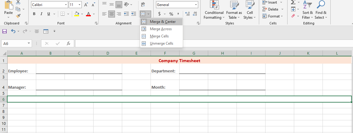 Merge one or two rows together to separate employee details and timesheet labels