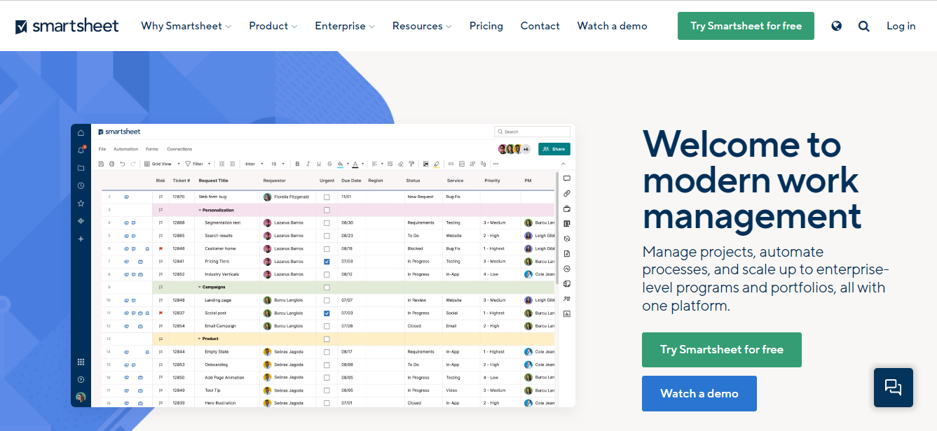 Smartsheet is a modern work management platform used to manage projects, automate processes, and scale up to enterprise-level programs and portfolios.