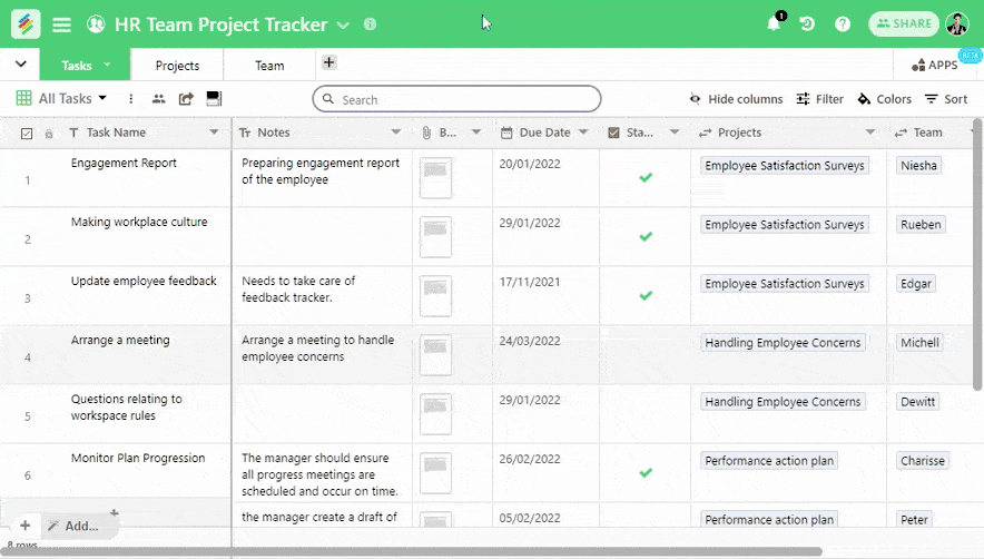 Manage all your HR activities and projects in a single place to effectively run your HR operations with Stackby's HR Team Project Tracker Template.