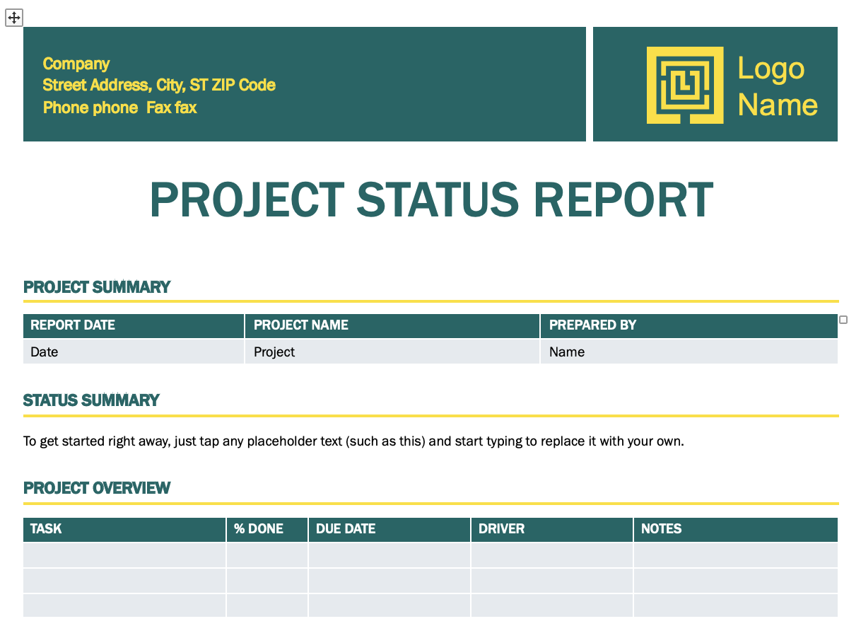 Project status report for Word
