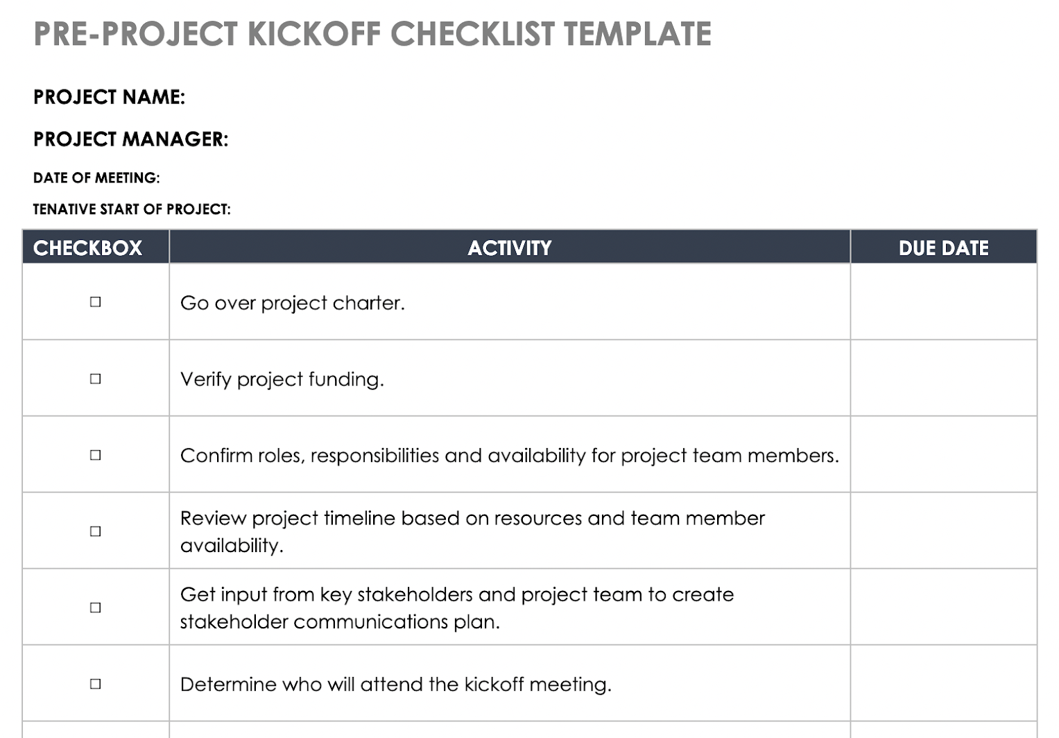 Pre-Project Kickoff Checklist Template for Google Docs