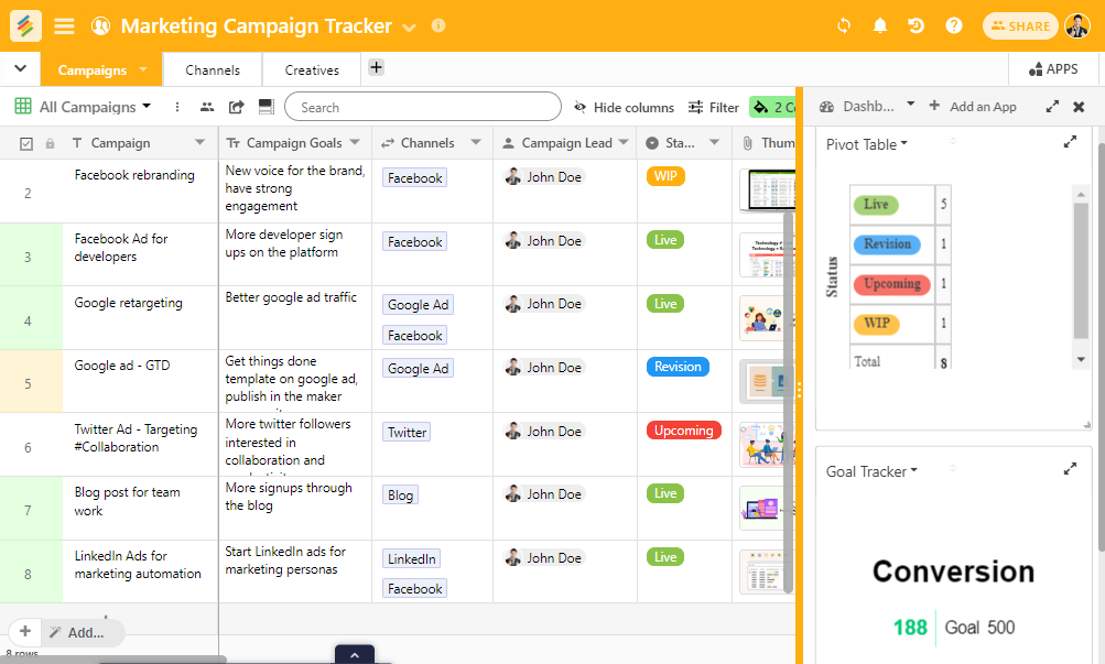  Plan and keep track of multiple aspects of your marketing campaigns, collaborate with your team in real-time, customize Stackby's Marketing Campaign Tracker as per your needs.