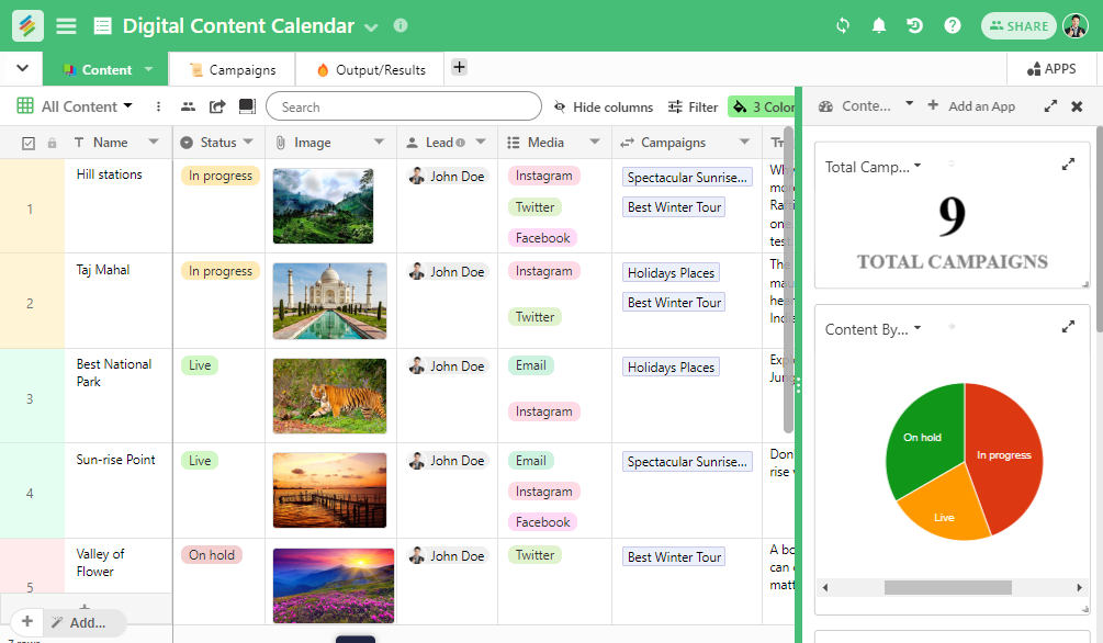 Stackby's Content Calendar Template lets you track your content, campaigns, and output or results, visualize content in different views like Kanban or Gallery and can be used by content marketers, content writers, editors, bloggers, etc.