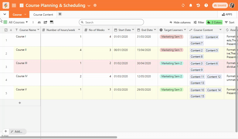 With Stackby’s Course Planning and Scheduling Template you can plan the schedule and the course material according to the lesson you’d like to prioritize for a particular course. This template lets you organize your daily schedule and make course planning easier.