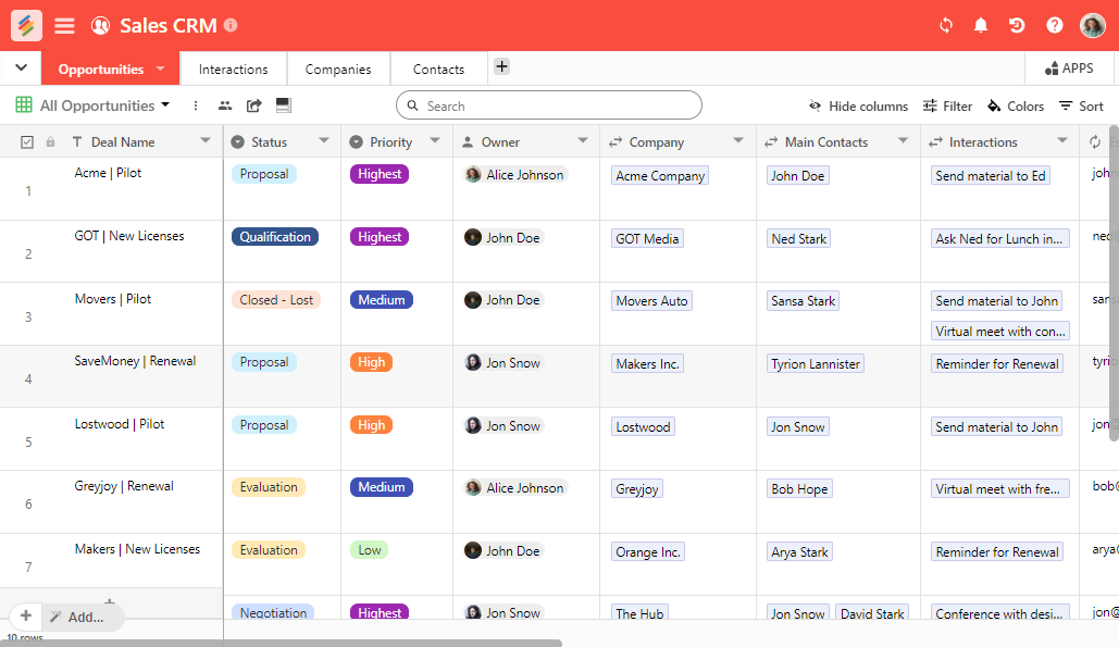 With Stackby's Sales CRM Template, you can effectively retain existing clients and generate new leads with immense ease. You can manage contacts, monitor tasks, and keep track of all your deals.