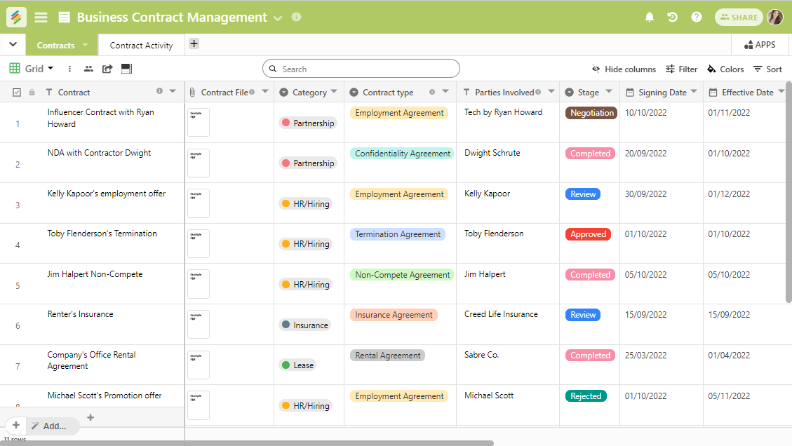 Manage all your business contracts, agreements, deeds and more in this easy to use business contract management template by Stackby.