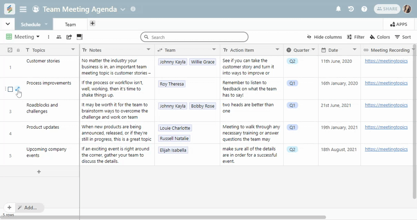 Stackby’s Team Meeting Agenda Template helps in planning and organizing meetings, classify them according to the date, time, and type. It allows the topic to be discussed according to its type, priority, and content and record and link meeting calls in the template.