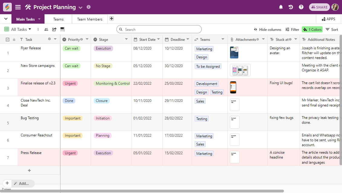 Stackby's project planning template allows you to keep track of all the different activities of your project, people associated with them and the status of the work and help keep it organized.