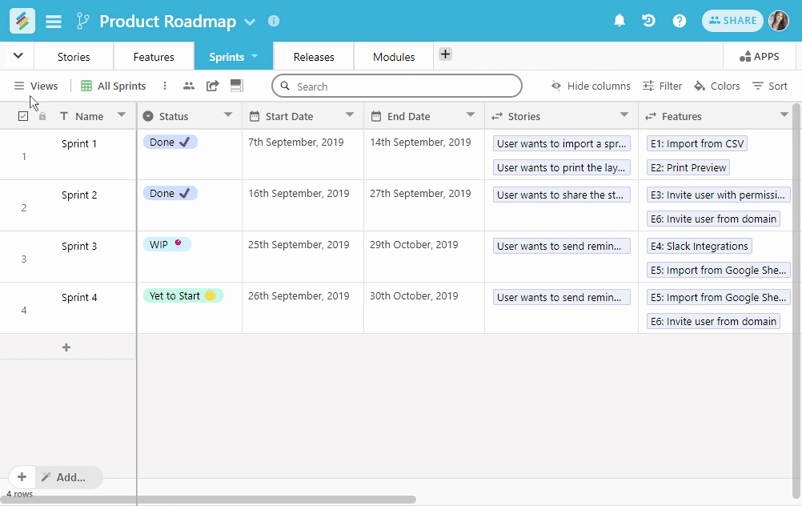 Calendar and Kanban View of Product Roadmap Template in Stackby to visualize data better.