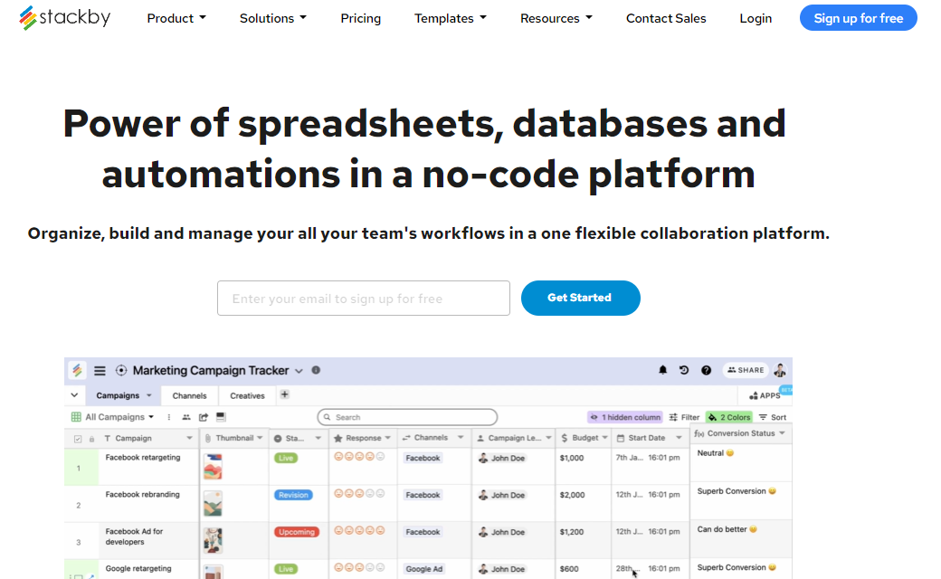 Organize, build and manage all your workflows in a collaborative spreadsheet style database : Stackby.