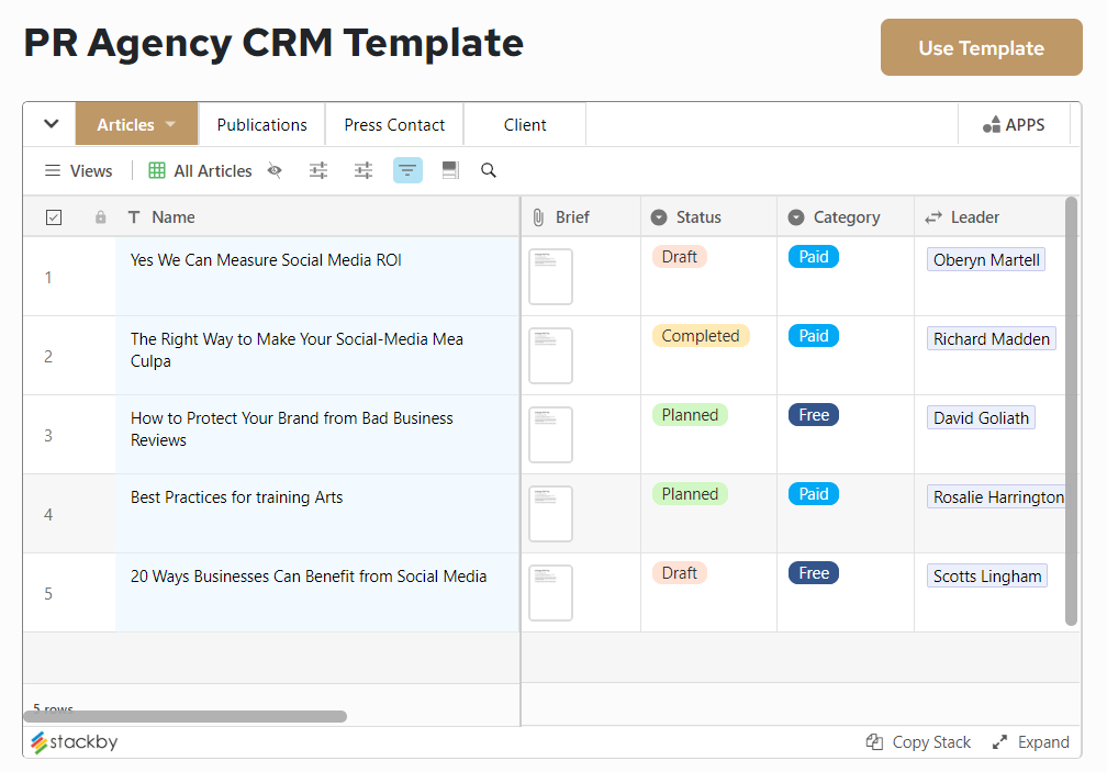 Free PR Agency CRM Template