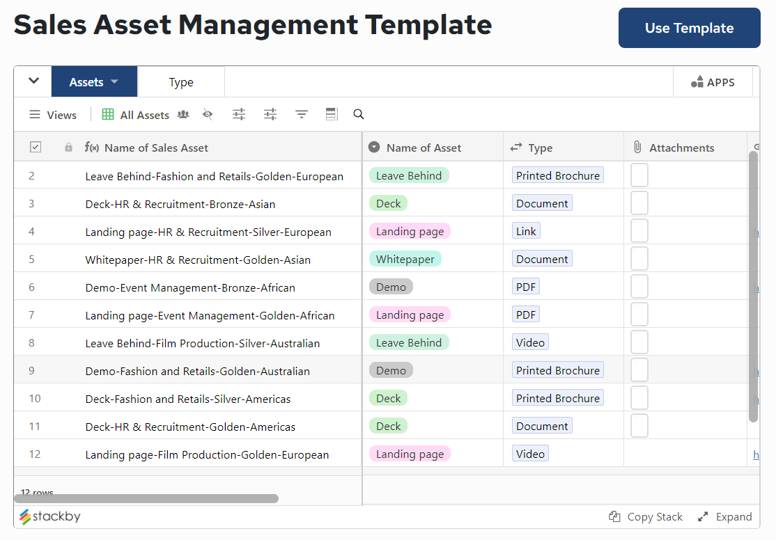 Sales Asset Management CRM Template by Stackby
