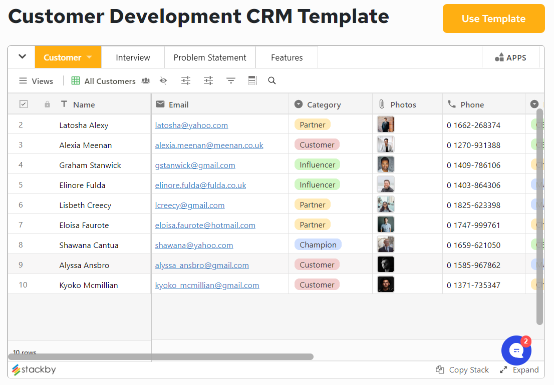 Customer Development CRM Template by Stackby