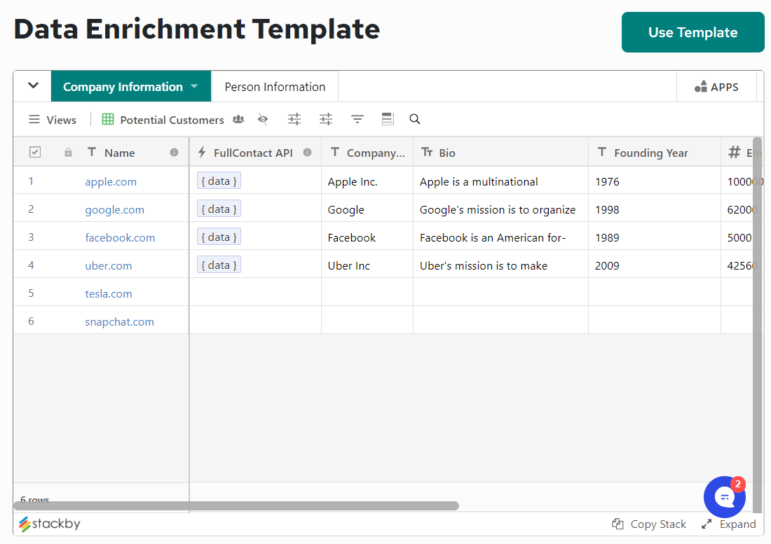 Data Enrichment CRM Template by Stackby
