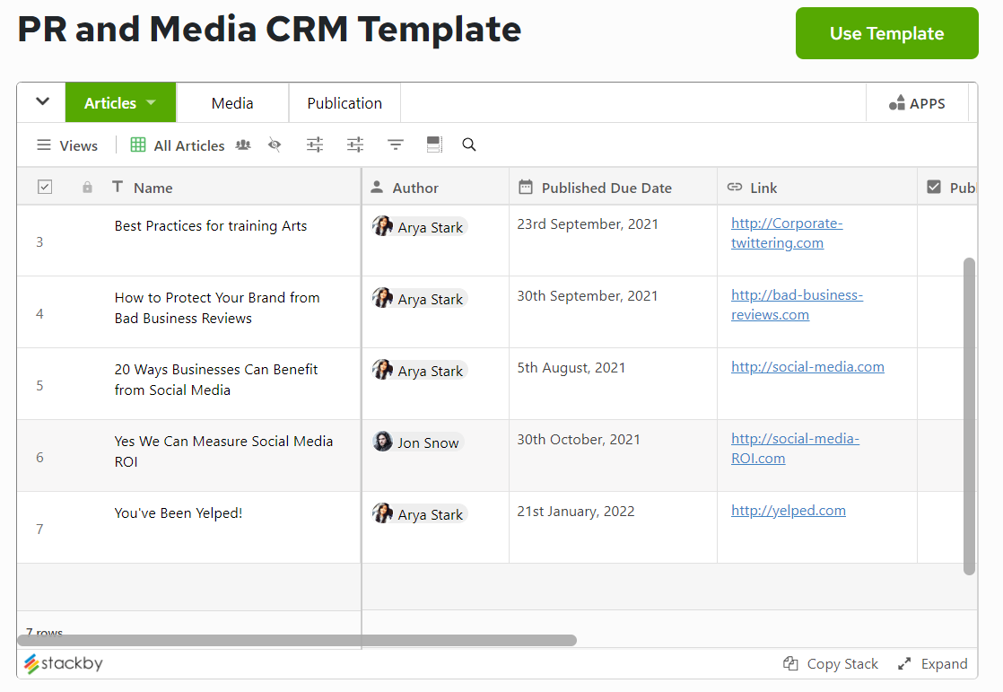PR and Media CRM Template by Stackby
