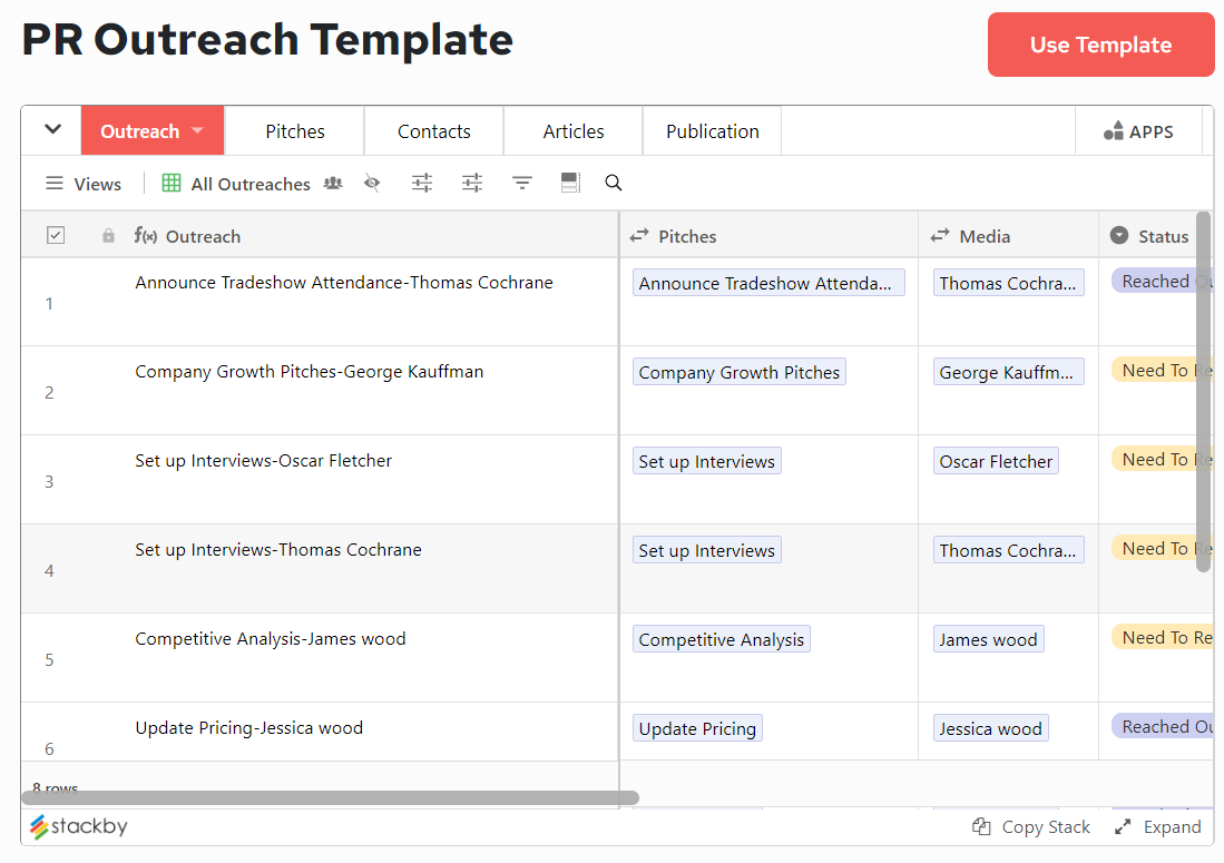 PR Outreach CRM Template by Stackby