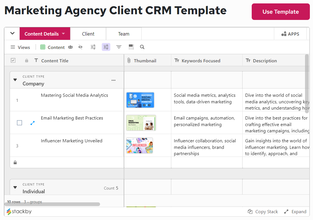 Marketing Agency Client CRM Template by Stackby