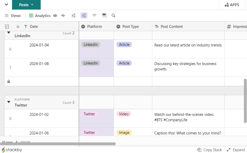 Use Free Stackby Social Media Analytics Template