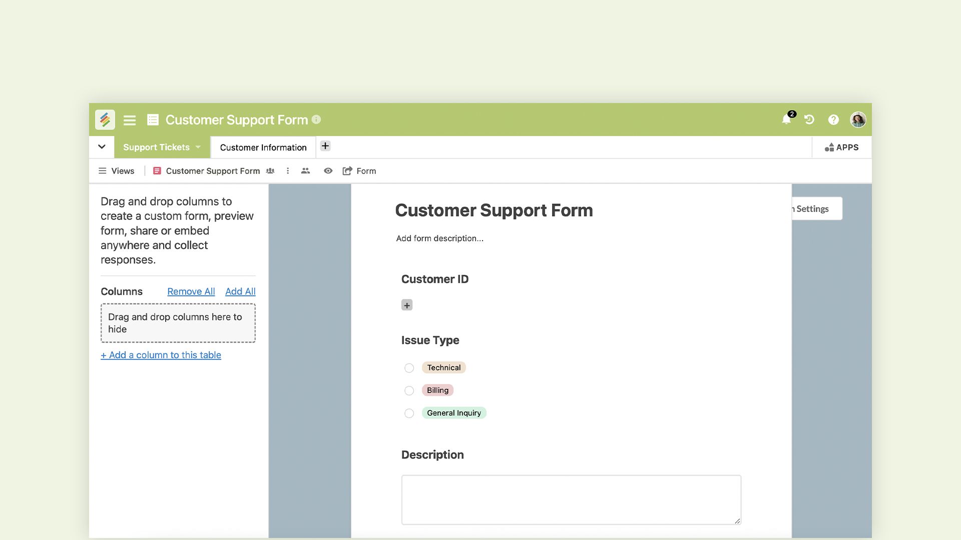 Drag and drop Stackby form builder connected to a spreadsheet style database