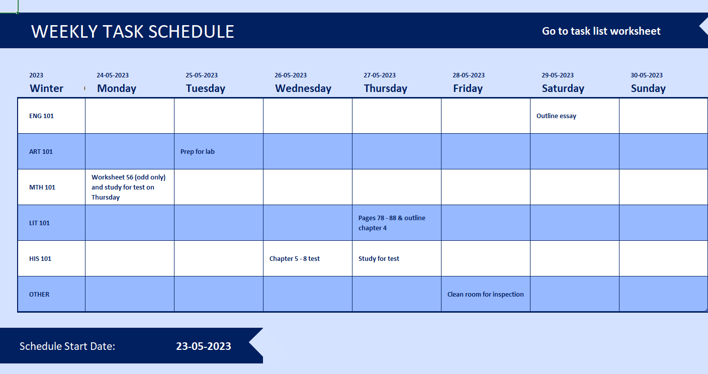 Weekly Project Schedule for PDF and Excel
