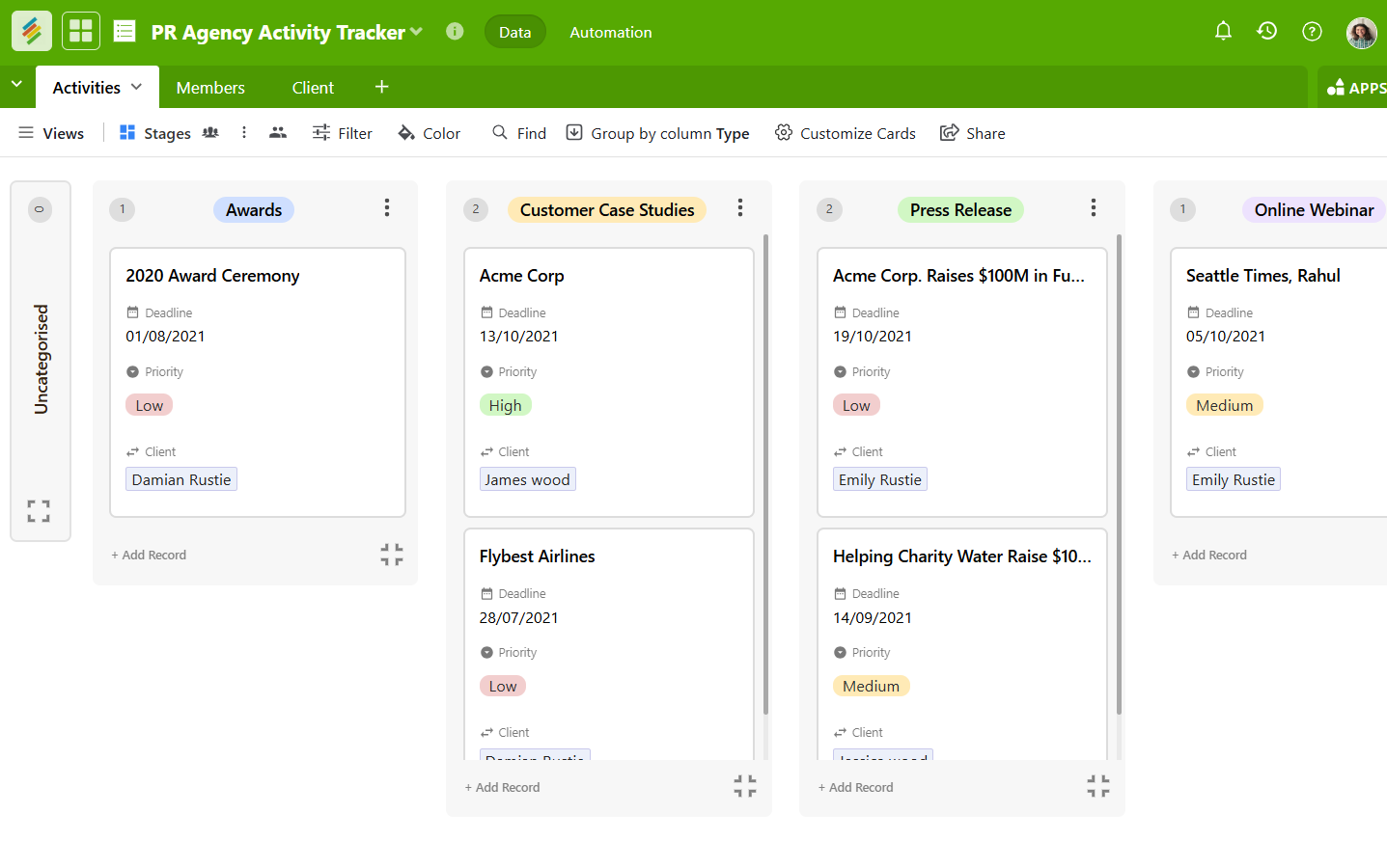 PR Agency Activity Tracker Template by Stackby
