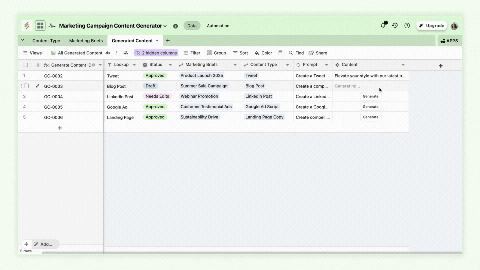 Generate campaign and content briefs across all content types