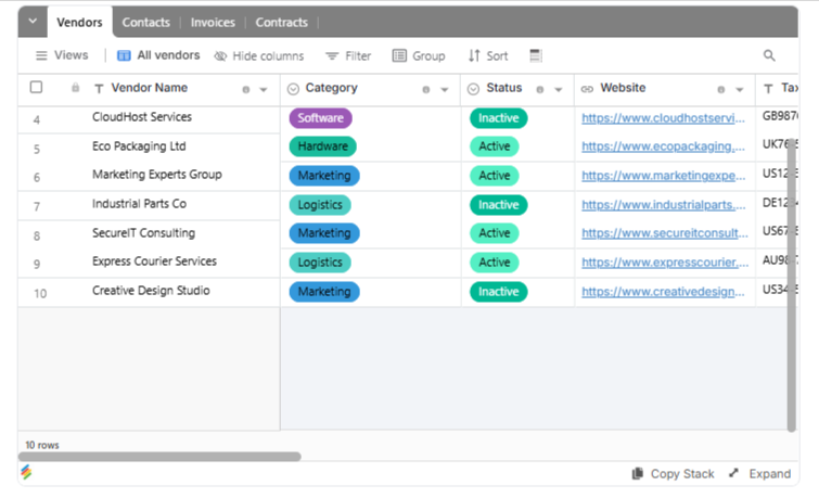 Vendor Portal Template Stackby