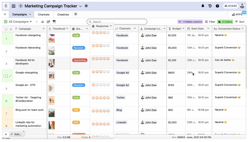 Power of spreadsheets, databases and automations in a no-code platform
