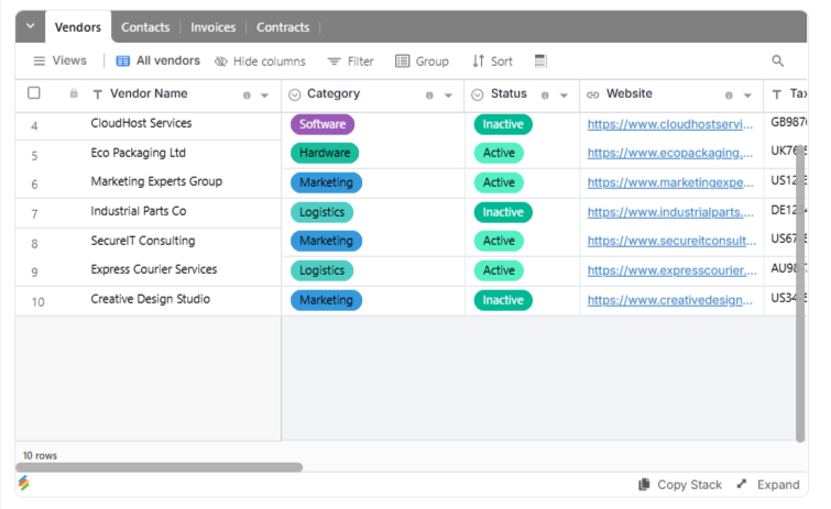Vendor Portal Template Stackby
